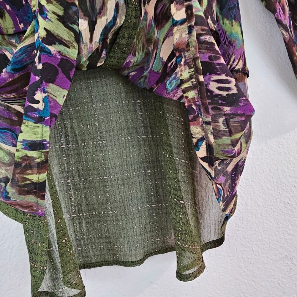 Fig & Flower Womens Sz M Green Purple Art Print Boho Blouse Hi Low Casual Top - Picture 5 of 15